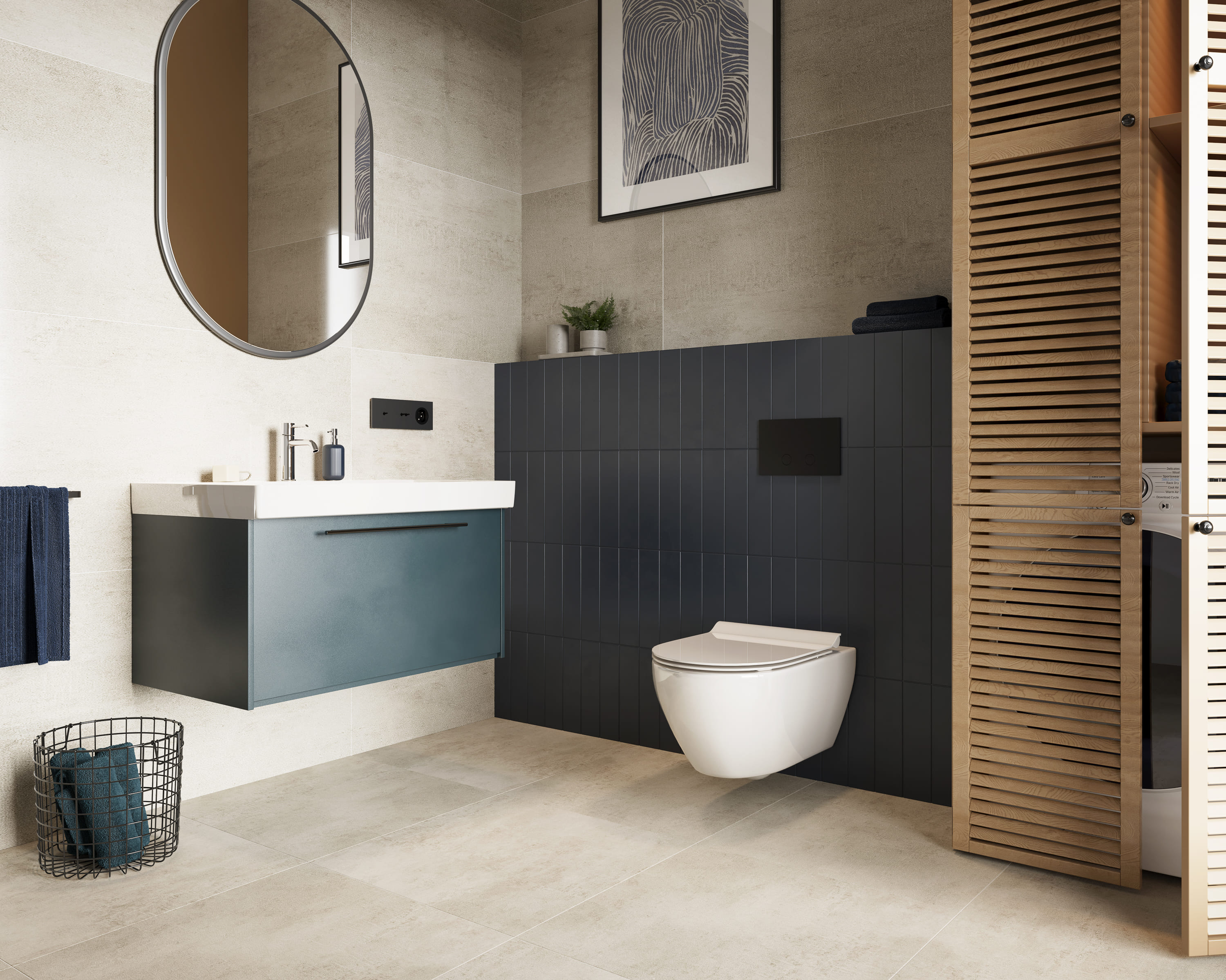 Paneles y suelos SPC imitación cemento en un baño